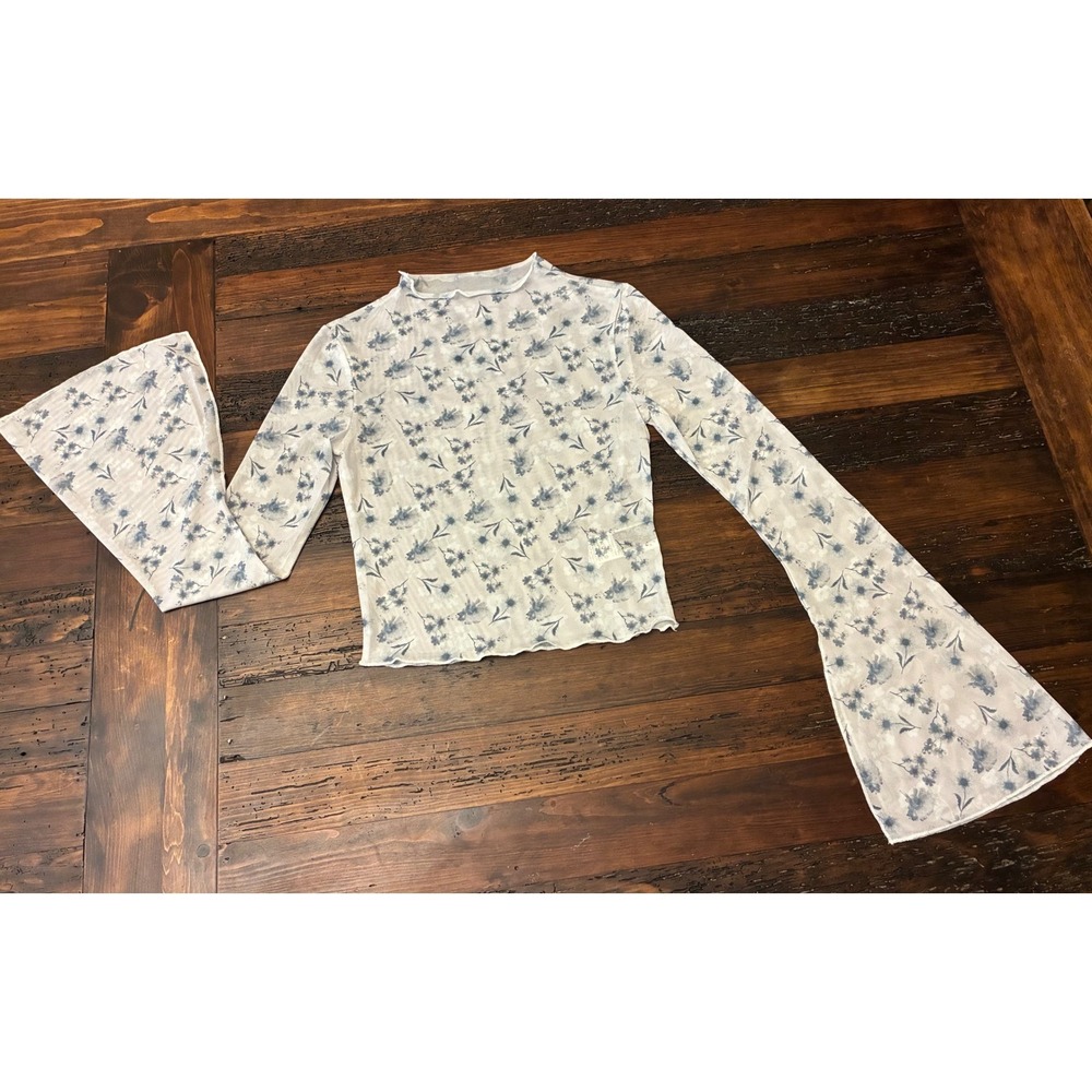 Sheer Top Floral Bell Sleeve White Blue Feminine Women's Size Small Festival